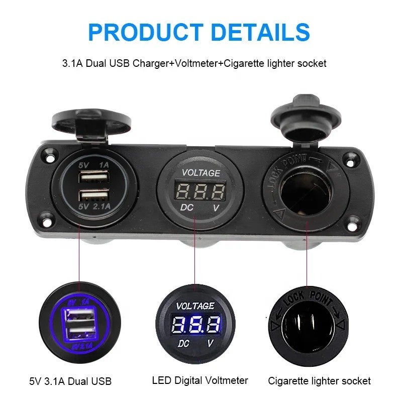 Bluejw 3-in-1 Car Charger Socket Panel: 12V Dual USB Power Outlet, Digital Voltmeter & Cigarette Lighter Adapter for Automobiles - Image 4